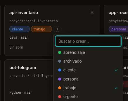 El selector de etiquetas abierto desde una tarjeta, con las asignadas marcadas